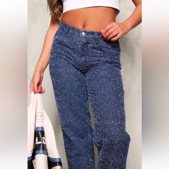 PrettyLittleThing Blue Bobble Texture High Waist Straight Leg Jeans Size 8 - Picture 3 of 12